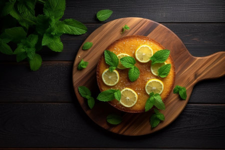 Generative AI : White chocolate cake with fresh mint leaf on a plate Wooden background Top vew Copy spaceの素材