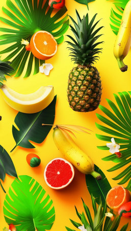 Generative AI : Tropical fruits assortment with fresh juice palm leaf background Top view Close upの素材