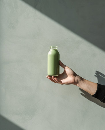 Generative AI : Spinach smoothie Healthy drink in glass jar on grey stone background Copy space Top viewの素材