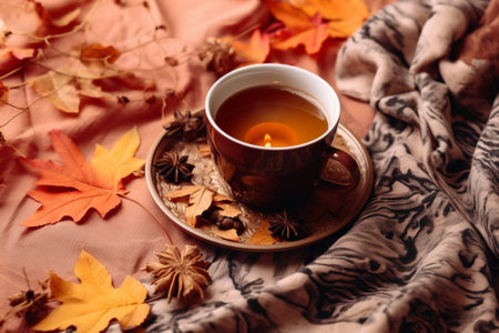 Generative AI : Romantic autumn cup of tea with autumn leaves on a wet stone backgroundの素材