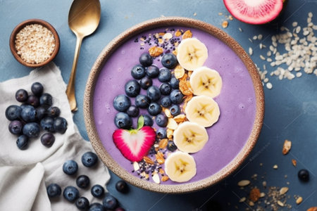 Generative AI : Smoothie bowl with fresh raspberry blueberry coconut flakes and chia seeds Grey stone background Top viewの素材