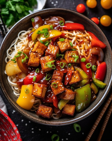 Generative AI : Soba noodles with vegetables and fried tofu in a bowl Grey background Top view Close upの素材
