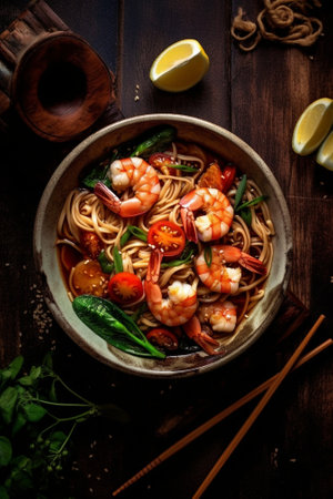 Generative AI : Stir fry noodles with vegetables and shrimps in black bowl Slate background Top viewの素材