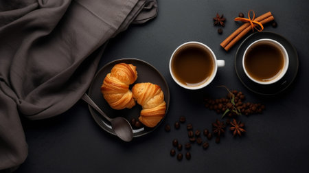 Generative AI : Banana carrot apple cake loaf with chocolate and cup of tea on grey textile background Top viewの素材
