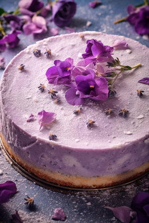 Generative AI : Raspberry layerd cake decorated with violet flowers on white plate Grey backgroundの素材