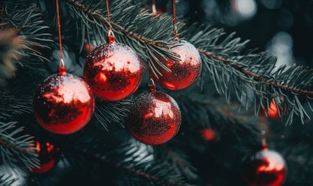 Generative AI : Christmas New Year tree decoration with red balls Tropical outdoor backgroundの素材