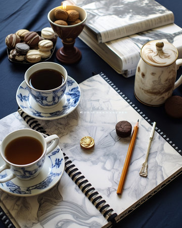 Generative AI : A cup of coffee with cookies and day planner organizer and postcard Breakfast tableの素材