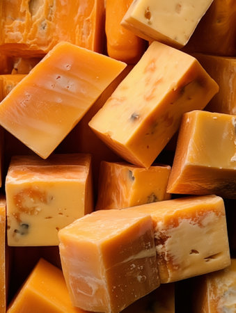 Generative AI : Cheese with washed orange rind French or German Marble table background Top viewの素材