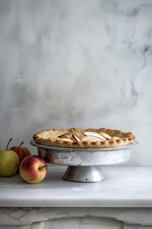 Generative AI : Apple dutch pancake cake in a baking dish Grey stone background Top viewの素材