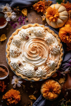 Generative AI : Tasty pumpkin pie tart made for Thanksgiving day in a baking dish on a colling rack Grey stone background Top view Copy spaceの素材