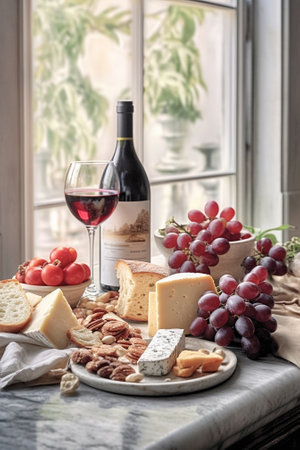 Generative AI : Assortment of cheese grapes with red and white wine in glasses Marble background Close upの素材