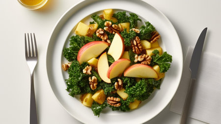 Generative AI : Kale salad with apples cranberry and nuts Grey background Top viewの素材