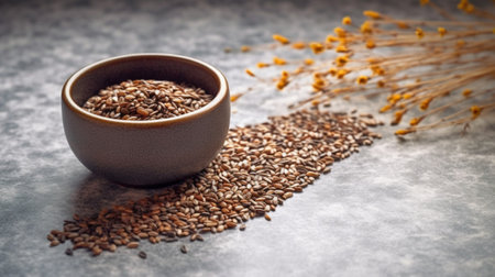 Generative AI : Black wild rice in a bowl Grey background Close upの素材