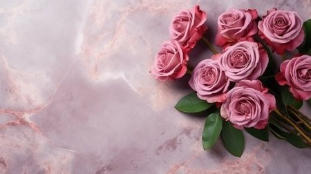 Generative AI : Pink roses on grey stone background Top view Copy spaceの素材