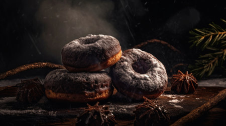 Generative AI : Donuts with sugar powder on slate board Flat lay composition Dark background Top viewの素材