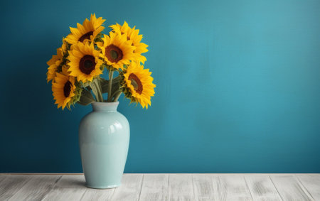 Generative AI : Colorful bouquet of flowers in a white jug on turquoise wooden table Copy spaceの素材