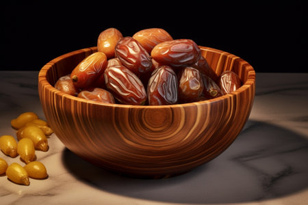 Generative AI : Fresh Medjool Dates in a bowl with tea Ramadan kareem Grey wooden background Top viewの素材