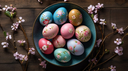 Generative AI : Easter eggs unusually decorated with dark green caramel and green flowers on a metal vintage plate with flowers and green leaves on a wooden backgroundの素材