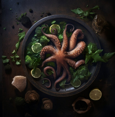 Generative AI : Octopus in a black frying pan Black stone background Copy space Top viewの素材
