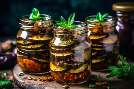 Generative AI : Marinated yellow pattypan summer squash eggplant with herbs and spices in olive oil in a glass jar Wooden backgroundの素材