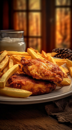 Generative AI : Meat pie with french fries on a white plate Wooden background Close upの素材