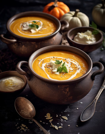 Generative AI : Pumpkin carrot cream soup in a bowl Slate background Close up Top viewの素材