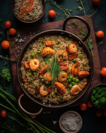 Generative AI : Stir fry rice with vegetables and shrimps in black iron pan Slate background Close upの素材