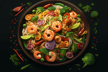 Generative AI : Stir fry noodles with vegetables and shrimps in black bowl Slate background Top viewの素材