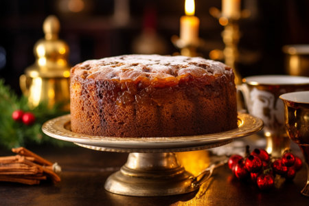 Generative AI : Traditional Christmas Fruit Cake pudding with marzipan and cranberry and rosemary decor on a Christmas decoration backgroundの素材