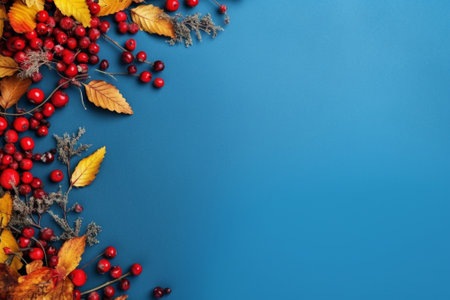 Generative AI : Red apples and leaves on a wooden blue turquoise backgroundの素材