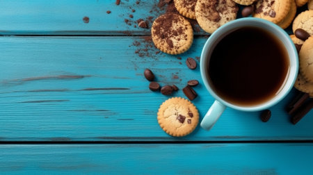 Generative AI : Macaroons dessert and cup of tea on blue background Flat lay composition Top viewの素材