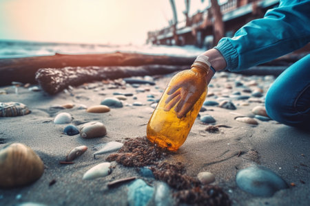 Generative AI : Young girl cleans beach gathering plastic bottles Copy space Plastic free conceptの素材