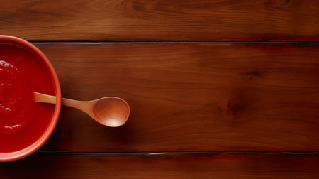 Generative AI : Tomato red pepper soup sauce with olive oil rosemary and smoked paprika on a wooden background Copy spaceの素材