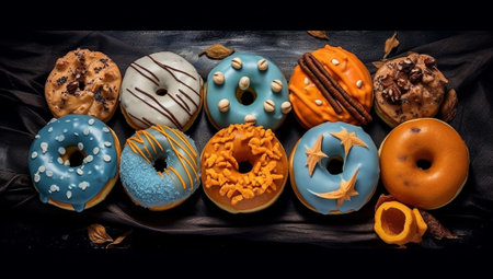 Generative AI : Pumpkin cookies with cranberries and maple glaze on a black plate Blue background Top viewの素材