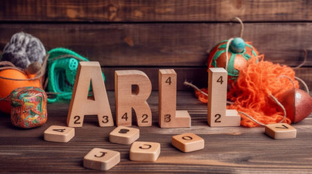 Generative AI : Wooden decorative letters family sign garland on white blinds background Copy spaceの素材