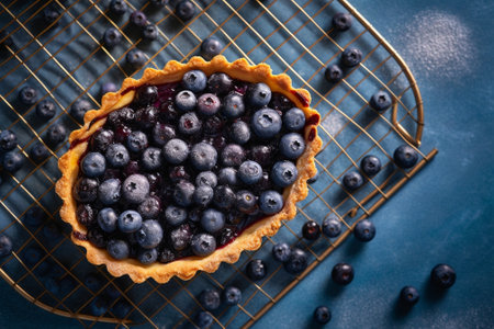 Generative AI : Blueberry bilberry tart on a blue ceramic plate on a wooden backgroundの素材