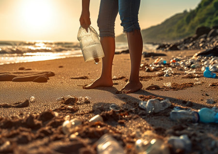 Generative AI : Young beautiful girl cleans beach gathering plastic bottles Copy spaceの素材