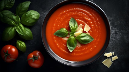 Generative AI : Tomato soup with basil in a bowl Dark background Top viewの素材