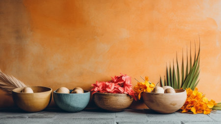 Generative AI : Healthy snacks Dried mango coconut chips and palm sugar in wooden bowls Grey stone background Copy spaceの素材