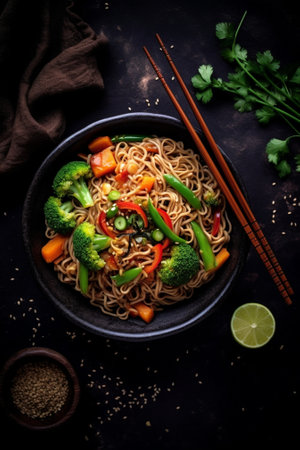 Generative AI : Stir fry noodles with vegetables and shrimps in black iron pan Grey background Copy space Top viewの素材