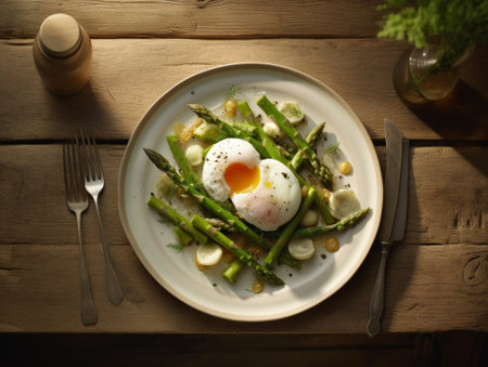Generative AI : Green asparagus with fried egg and bread with butter on a white plate Top viewの素材