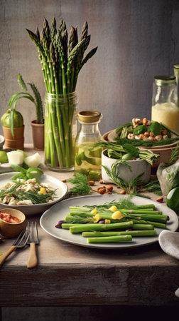 Generative AI : Asparagus and cream cheese spread with herbs chive and olive oil on a metal vintage plate with bread pieces and cress salad on a textile and wooden background Selecの素材