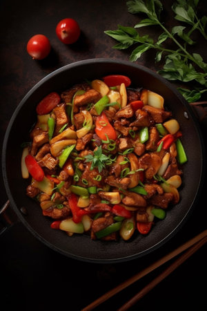 Generative AI : Beef and vegetables stir fry with white rice in a black bowl Grey background Top viewの素材