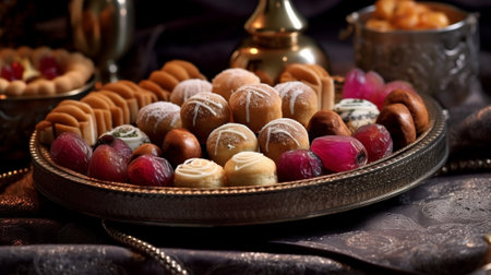 Generative AI : Assortment of Turkish delights on a authentic tray with glass of tea Dark background Top view Copy spaceの素材