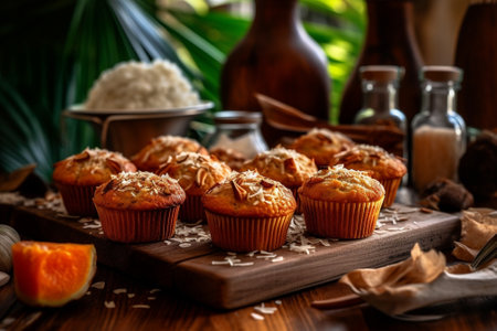Generative AI : Carrot oat muffins cupcakes cakes on cooling rack Wooden background Top viewの素材