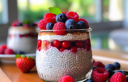 Generative AI : Chia seed pudding cheesecake custard dessert with fresh berries in a glass bowl on white plateの素材