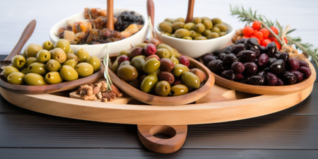 Generative AI : Assortment of fresh olives on a plate with olive tree brunches Wooden backgroundの素材