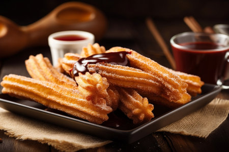Generative AI : Churros dessert with chocolate sauce topping dip on black plate Copy spaceの素材