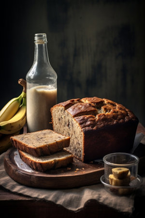 Generative AI : Banana coconut bread cake on slate board Dark stone background Close upの素材