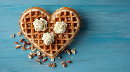 Generative AI : Cherries in waffle cone on blue stone background Top view Copy spaceの素材